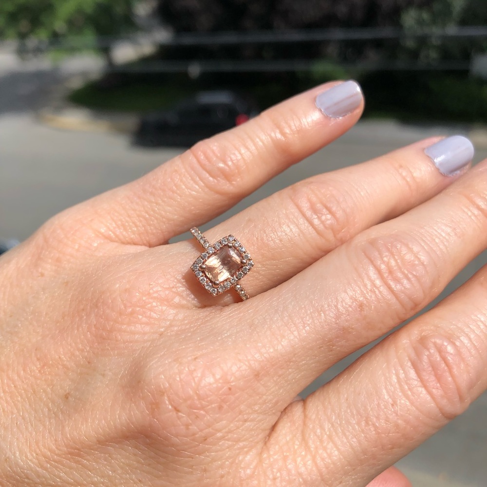 14k rose gold, diamond and emerald cut peach sapphire engagement ring - Picture 4 of 16